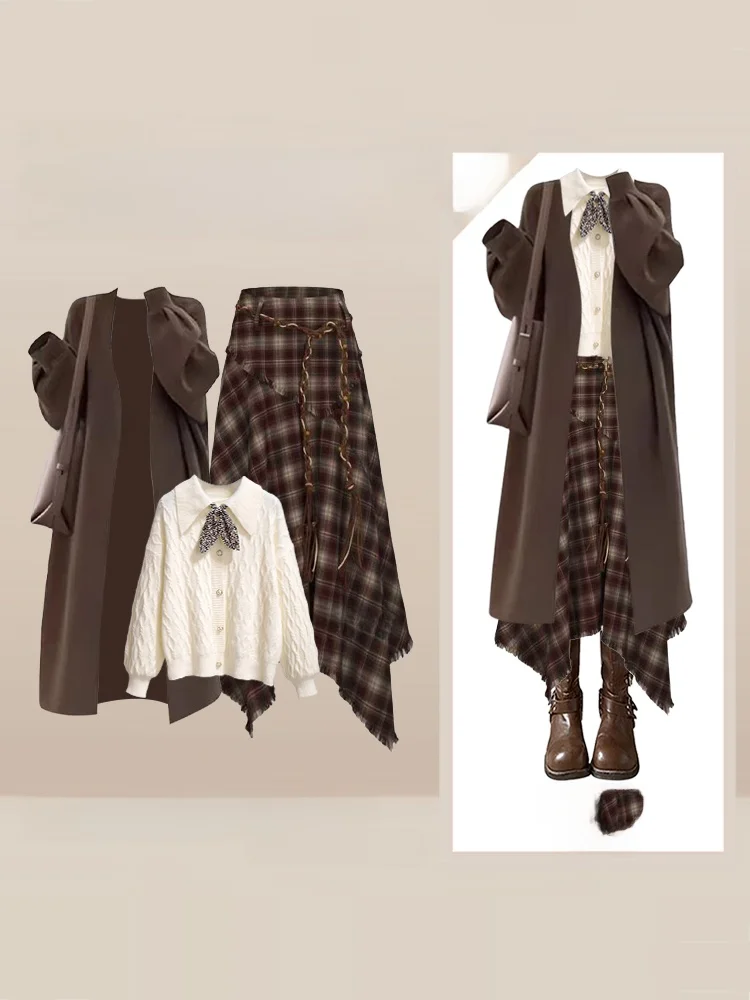 الكورية Sle ميدي منقوشة تنورة مجموعة المرأة الشتاء Faion عالية الخصر سليم صالح سترة معطف مطابقة الزي طويل Sve irt