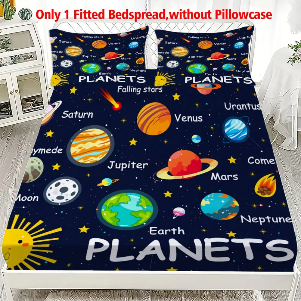 1pc Educational Solar System Planet Print Fitted Sheet Deep Pocket Elastic Mattress Cover Single Double Queen King Bedroom Decor