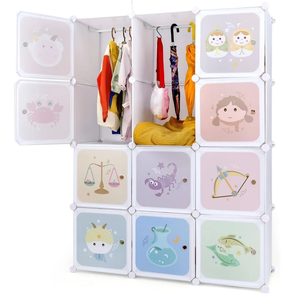 Guarda-roupa portátil infantil com portas, 12 cubos e 2 seções suspensas para organizador de armazenamento de roupas no berçário