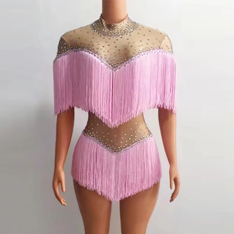 Mehrfarbiger Strass-Fransen-Overall, Sänger, Tänzer, Bühnenkostüm, Drag Queen, Stretch-Body, Nachtclub, Bar, Rave-Outfit yj004