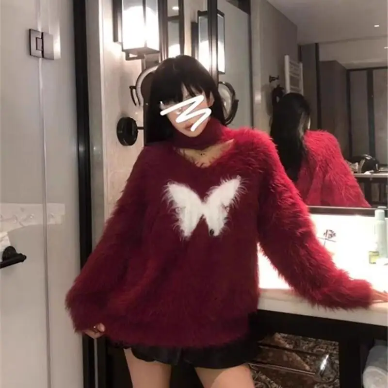 스웨터 니트웨어 여성용 레트로 밍크 벨벳 니트 스웨터 패션 루즈핏 밍크 벨벳 스웨터 탑 캐주얼웨어 귀여운 풀오버