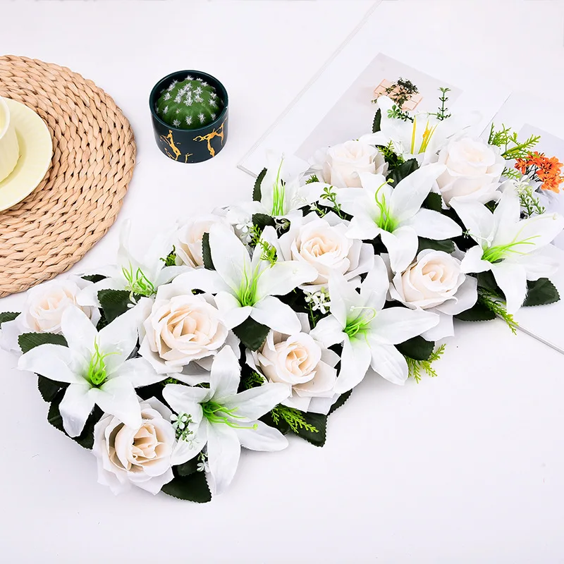 Künstliche Blumenreihe, luxuriöse weiße rote Rose für Hochzeit, Tischdekoration, Blumen, Hintergrund, Wandbögen, Dekor, Party, Bühne, Blumen – Detail 6