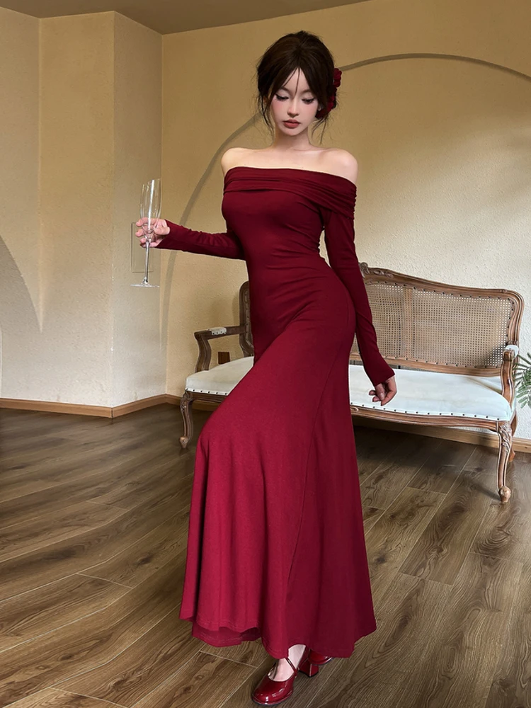 Vintage de um ombro gola dupla camada vermelho bodycon saia feminina irregular ruched fino ajuste a linha alta rua maxi saia outono