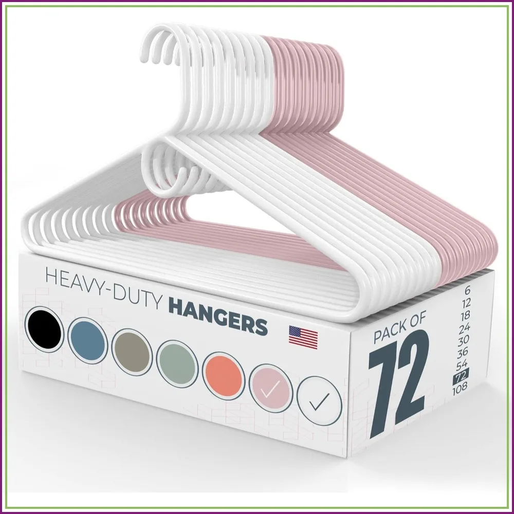 Heavy Duty Plastic Hangers 72 Pack, 8lb Capacity for Pants, Coats, Jackets, Jeans, White & Pink