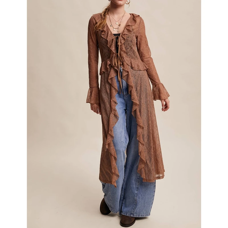 

Женский прозрачный кимоно-кардиган макси с цветочным кружевом, сетчатыми вставками, завязками спереди, оборками и длинными рукавами, струящийся, полупрозрачный, накидка-рубашка