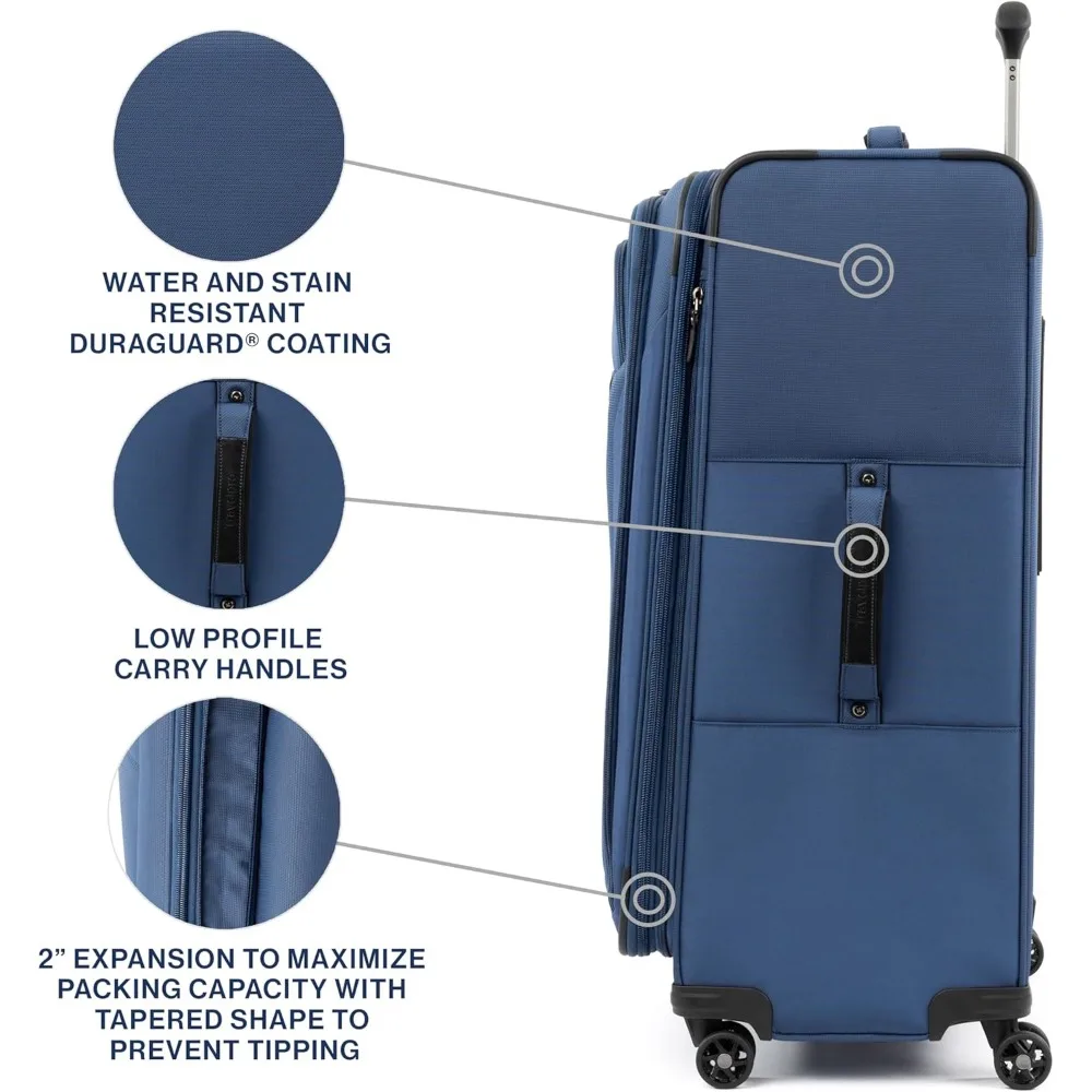 Lightweight Expandable 29 Inch Suitcase with 4 Spinner Wheels, Large Checked Luggage, Blue Softside Travel Bag