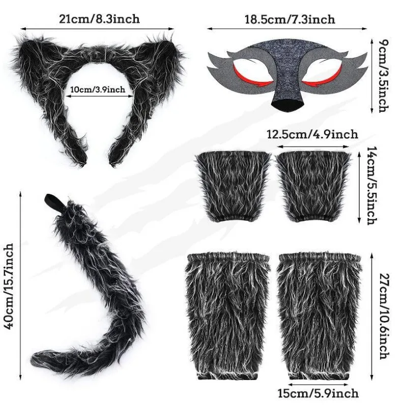 Wolf Ear Headband Tail Skirt Mask Suit Wolf Cosplay Costumes for Children Girls Ladies Birthday Gift Halloween Animal Dress Up