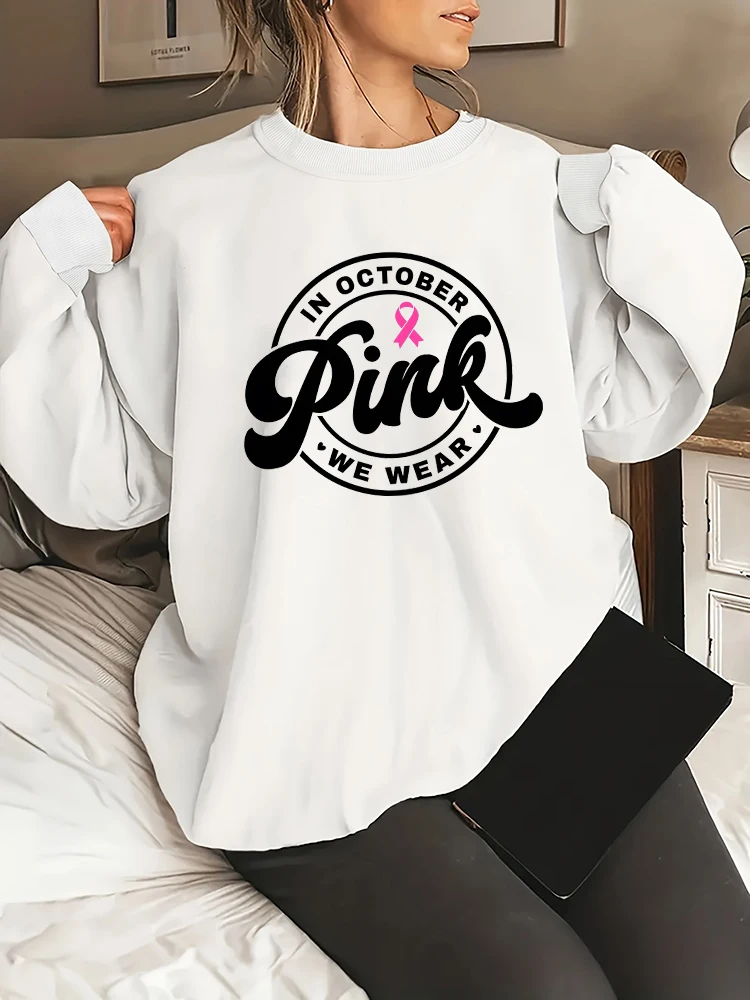 Pink Cancer Ribbon Heart Design Women's Sweatshirts Breast Cancer Awareness Support Hoodies In October We Wear Pink Sweatshirt