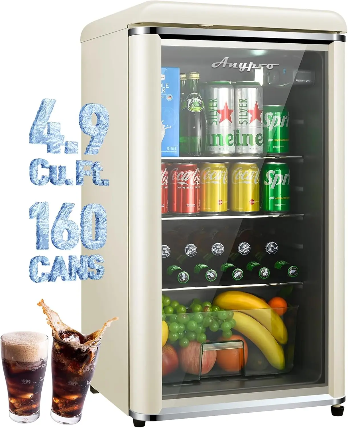 4.9 Cu.Ft Compact Refrigerator Retro Mini Fridge with Tempered Glass Door Wine Drink Beer Fridge 7 Temperatures Removable