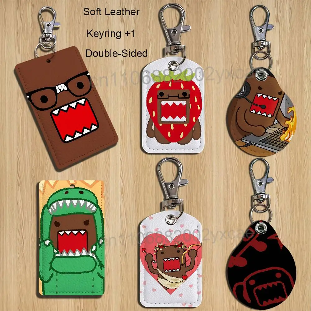 brown cute Domo-kun Rectangle ID Card Case Keychain Access Card Bag Key Tag Ring Leather Card Holder Key Ring Access