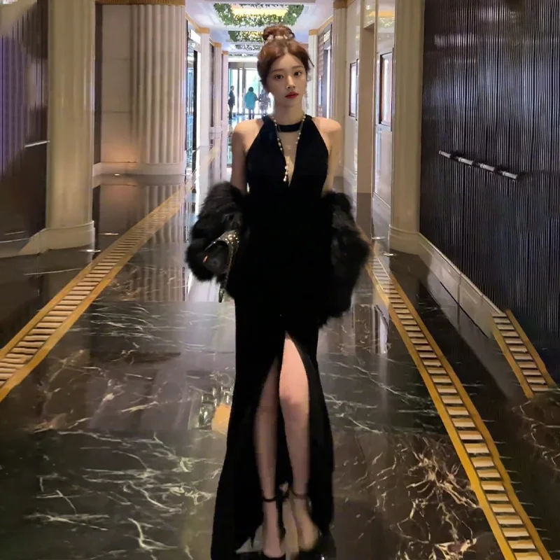 

Bla Velvet Hanging Ne Long Evening Gown Adult Ceremony Spring 2024 Sexy Formal Dr Evening Par Women's Faion