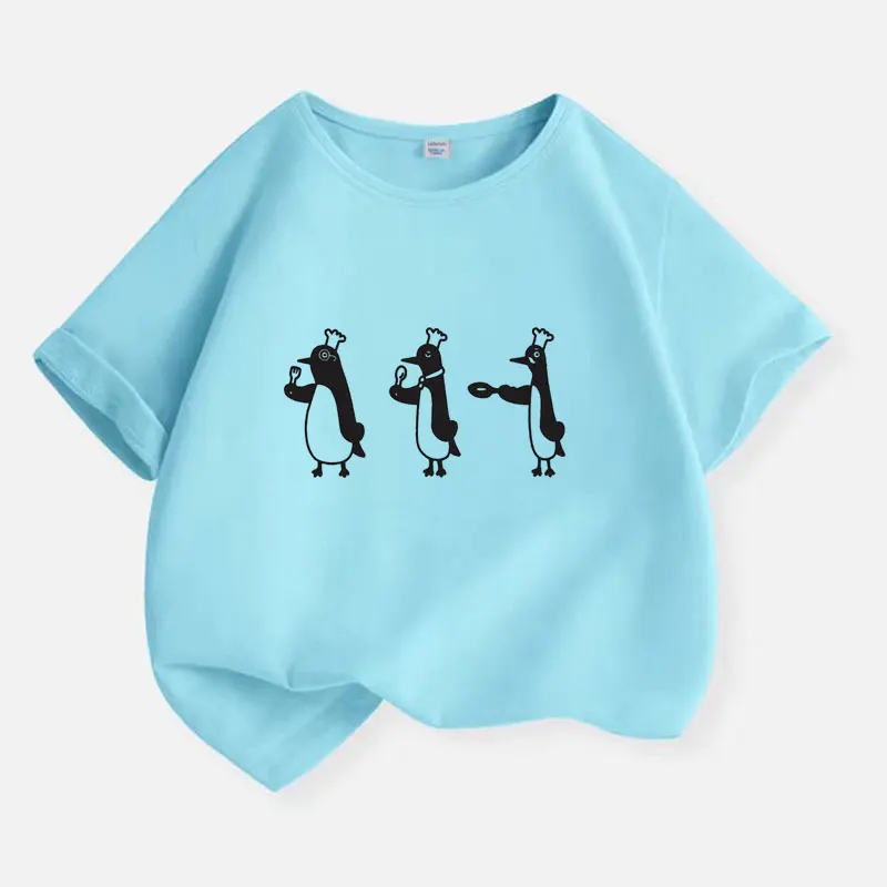 Summer Kids Brand Penguins Eat T-shirt White Print Boys Tshirt Children Short Sleeve T Shirt Cotton Tee Children Clothes