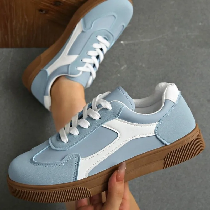 Women Spring Autumn Retro Colorblock Faux Leather Sneakers Lace Up Gum Rubber Sole Breathable Comfort Flat Casual Walking Shoes