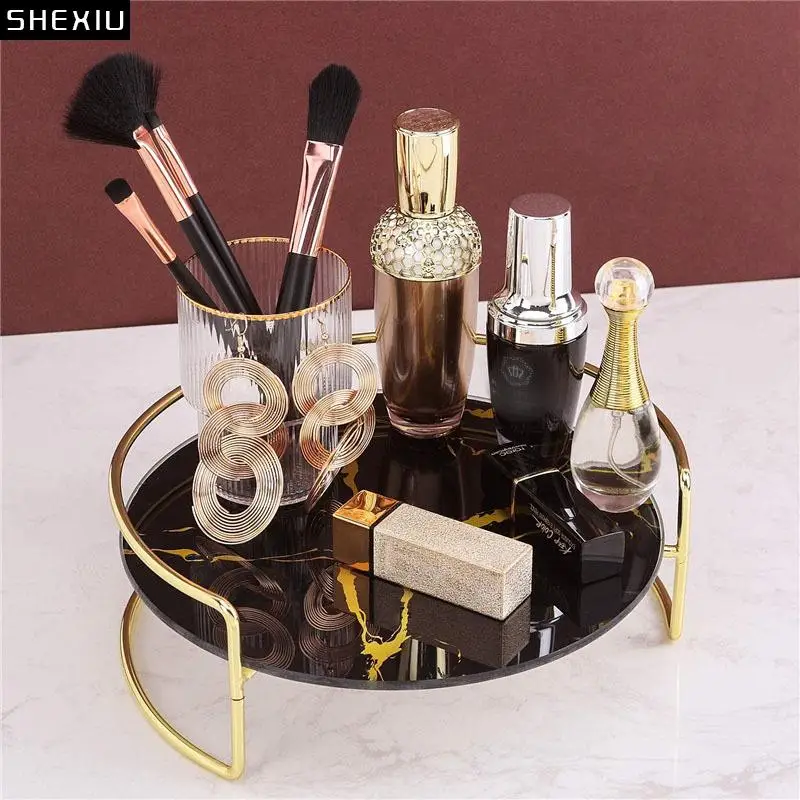 

Gold-plated Marble Texture Storage Tray Round Glass Serving Trays Dresser Table Cosmetic Containers Jewelry Organizer Platter