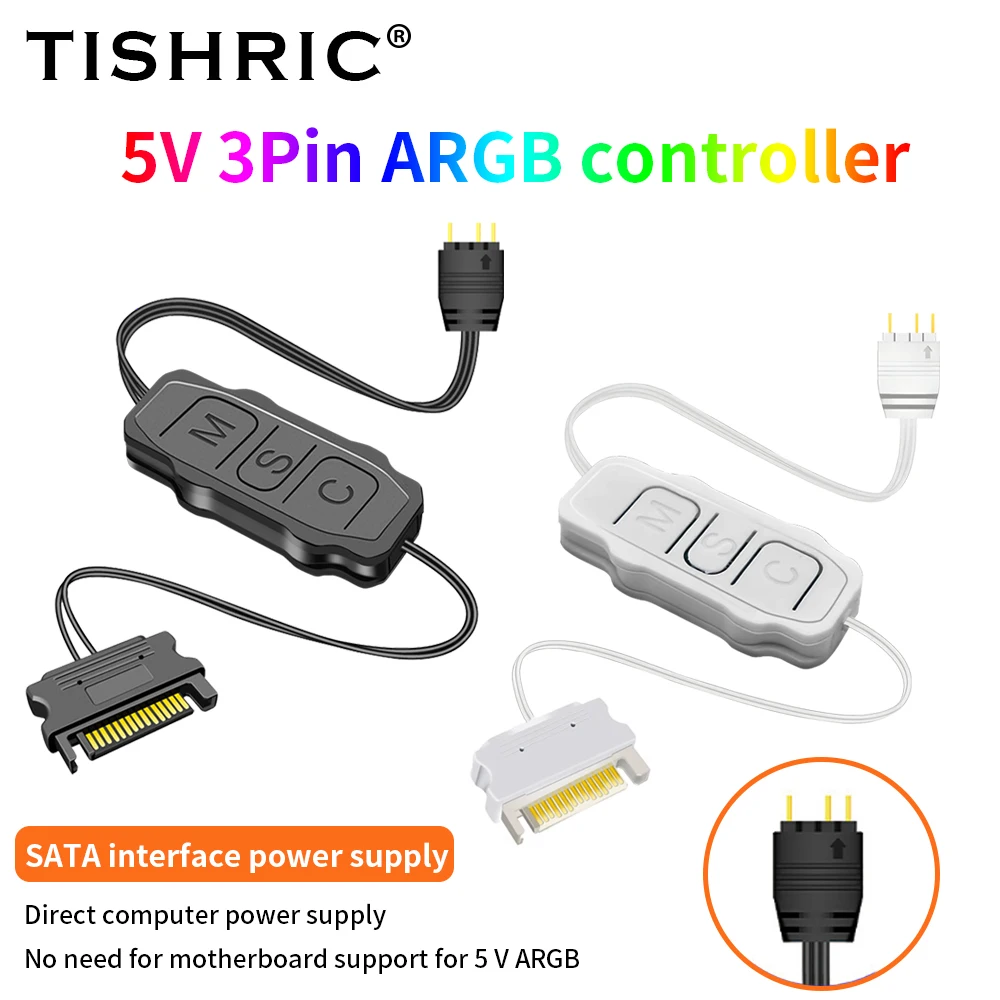 TISHRIC ARGB Mini-Steuerungszentrale Netzteilkabel Computer-Gehäuselüfter-Controller-Adapter ARGB-Controller 5V 3-Pin zu SATA-Stromversorgung