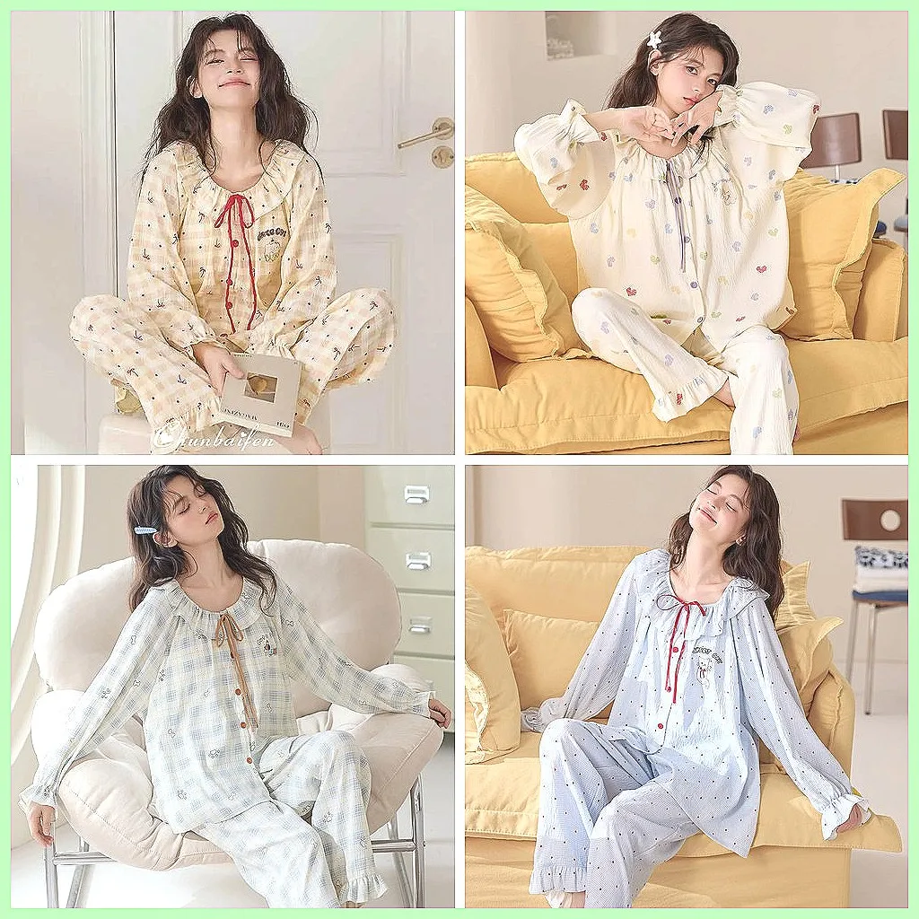 

Cute Checkered Pajamas Set for Girls, 100% Cotton Long Sleeve Sleepwear for Spring Autumn Home Wear