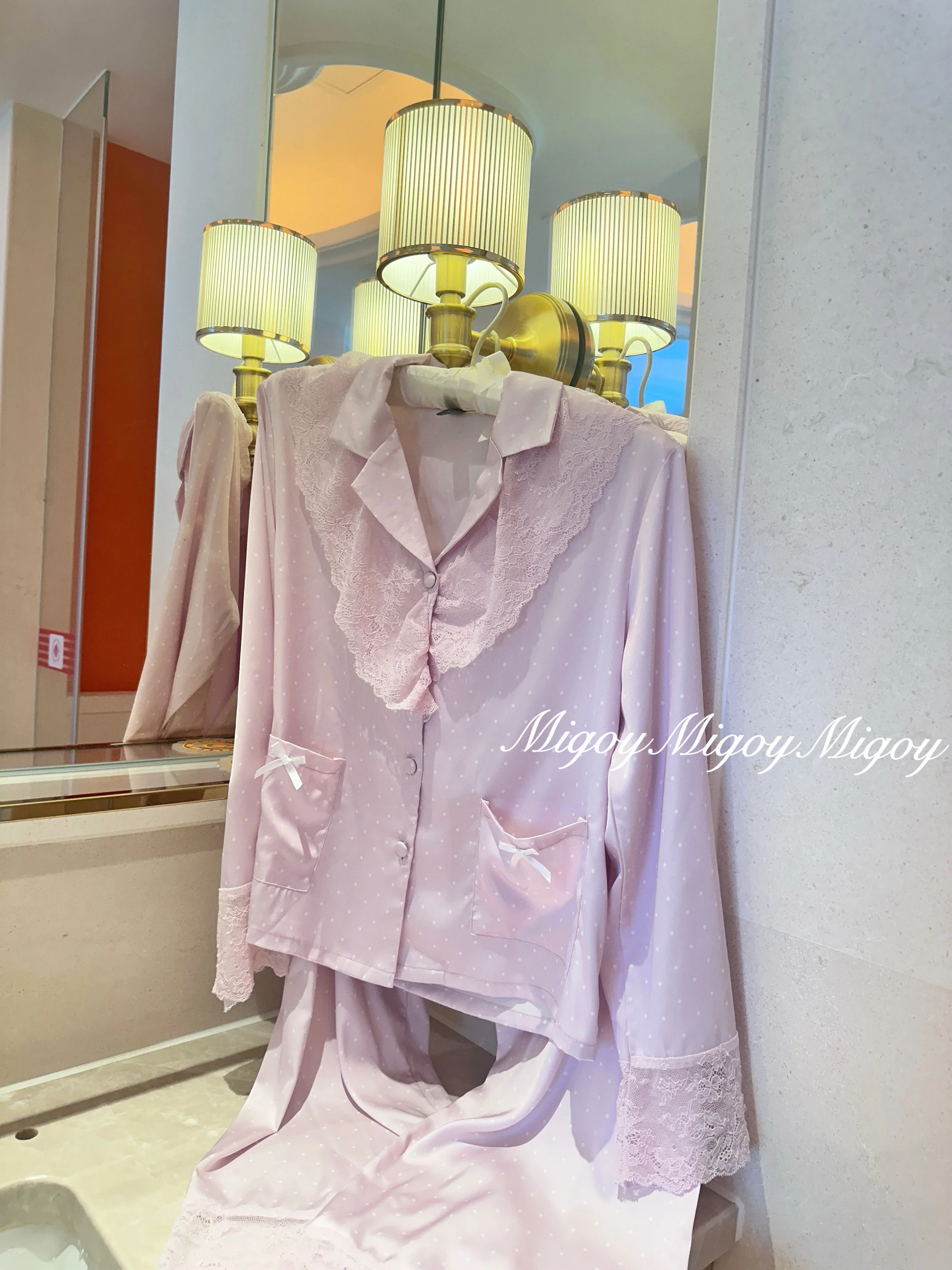 French Polka Dot Lace Trim Satin Ice Silk Long Sleeve Pajamas Sweet Cute Elegant Girl Turn-Down Collar Homewear Set