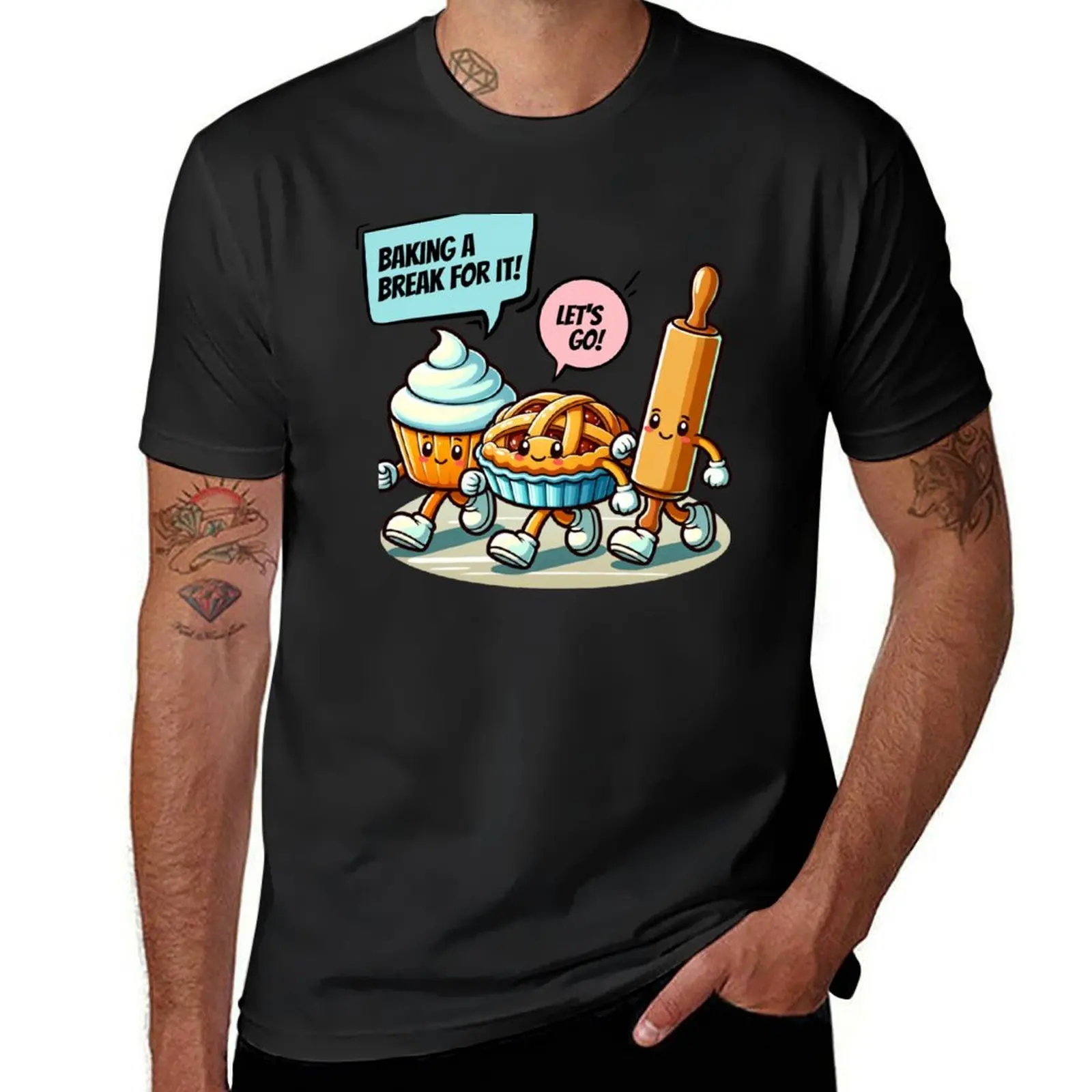 Making a break for it baking mascots funny cartoon pie and cupcake T-Shirt for a boy quick-drying heavyweight t shirts for men