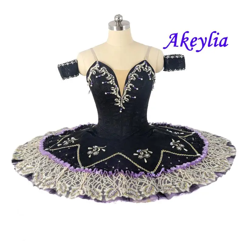 Professionelles Ballett-Tutu, schwarz, lila, Damen-YAGP-Kostüme, Jacquard für Erwachsene, keine Elastizität, 11 Schichten, Pfannkuchen-Tutu, Wettbewerb JN0450