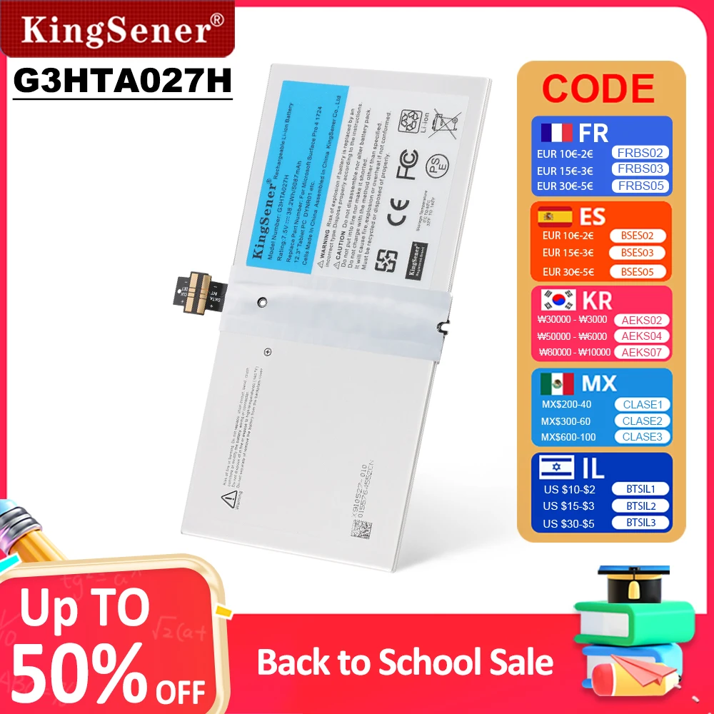 

KingSener G3HTA027H DYNR01 Аккумулятор для ноутбука Microsoft Surface Pro 4 1724 12,3 дюйма, планшет 7,5 В 38,2 Втч, 5087 мАч, быстрая доставка