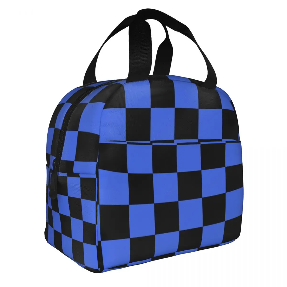 Black And Royal Blue Checkerboard Plaid Insulated Lunch Bag for Camping Travel Leakproof Cooler Thermal Bento Box