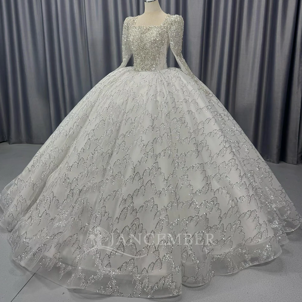Princess Wedding Dress White Silver Ball Gown Customized Square Neck Long Sleeves Floor-Length Crystal Sequin robe de mariée