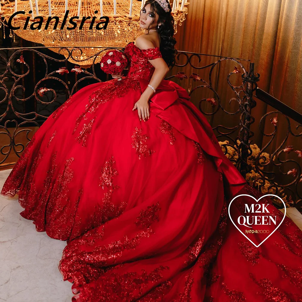 Vestido De baile De encaje con apliques De lentejuelas Rojas, quinceañera, hombros descubiertos, corsé con lazo, 15 Años