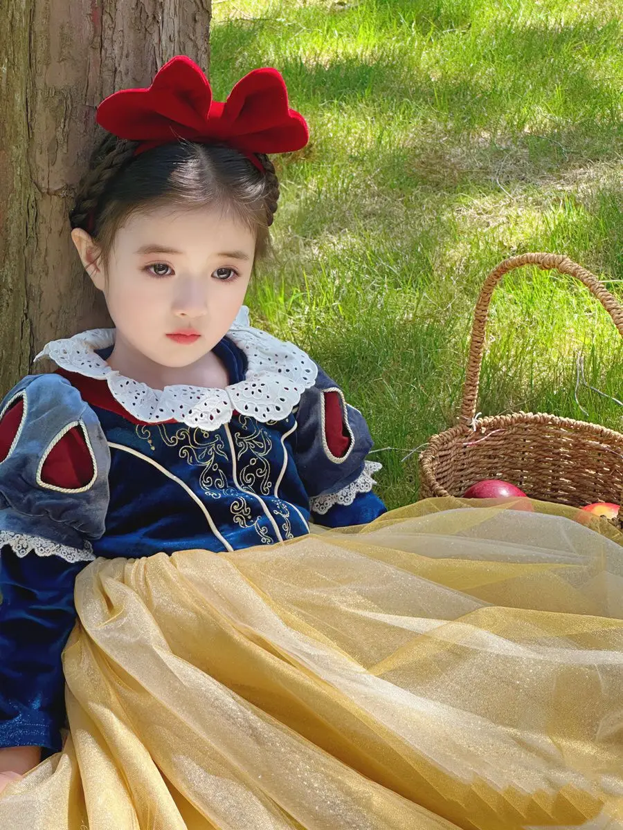 Spring Princess Mesh Dress for Girls Snow White Cosplay Fancy Costume Kids Carnival Christmas Birthday Party Children Clothing
