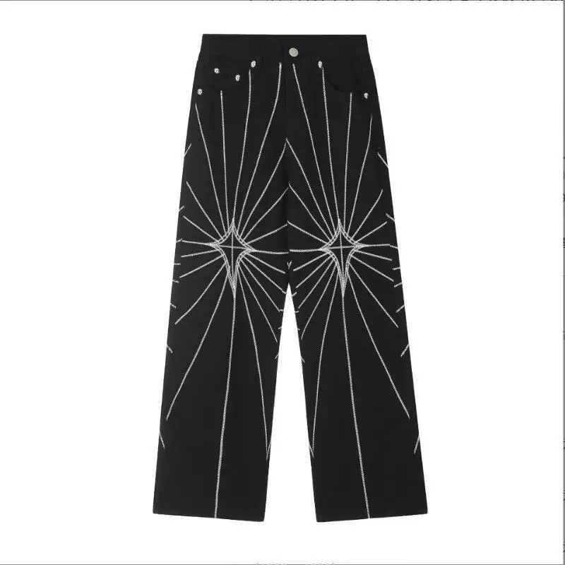 Spider web embroidered Jeans Men 2024 New Radiation fringes Casual Pants Man Fashion Denim trousers w789