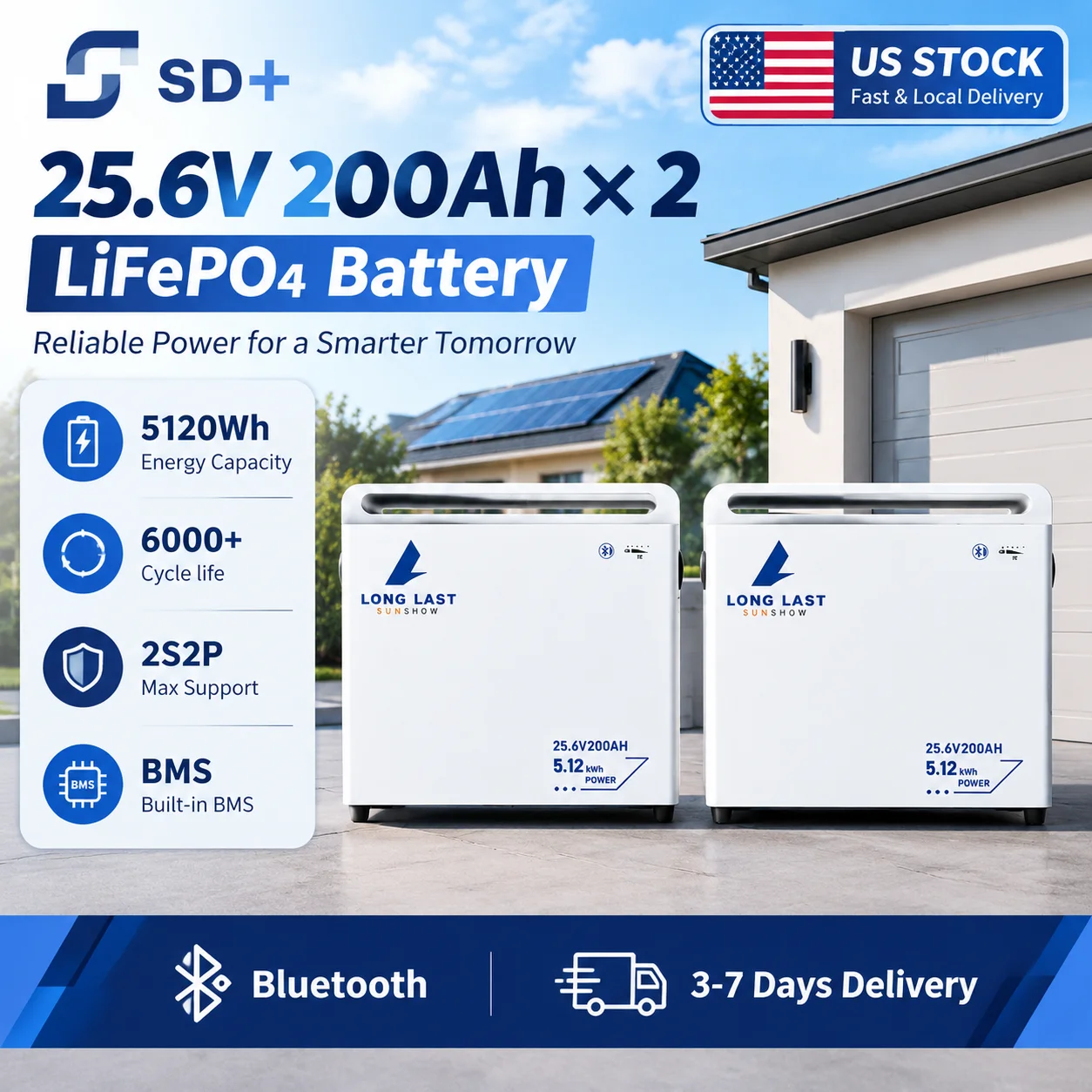 SANDISOLAR 25.6V 200AH LiFePO4 Solar Battery 5.12kWh 200A BMS 5120W Continuous Power for RV Camping Marine Off-Grid Solar System 24V Inverter