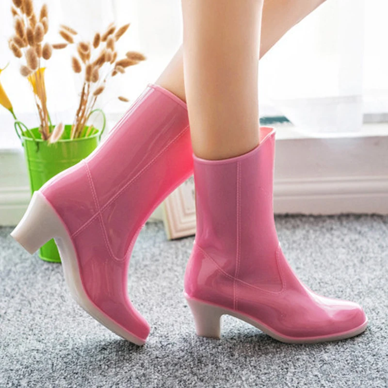Wellies Women's Solid Color PVC Overshoes Fashion High Heels Rain Boots Waterproof and Non-slip Plastic Shoes Rubber Calf Boots