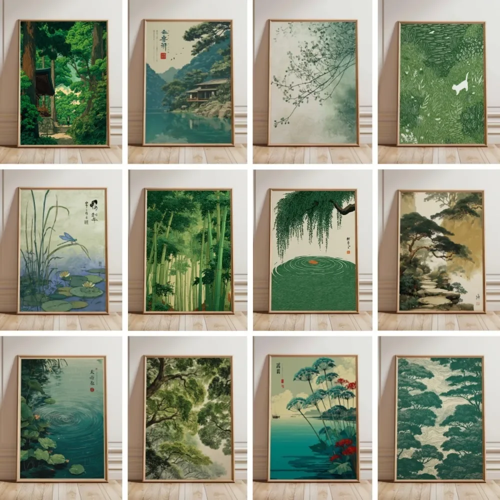 1PCS frameless 1 pieza de impresión sin marco de árbol de jardín japonés, impresión artística de paisaje, hojas minimalistas, de