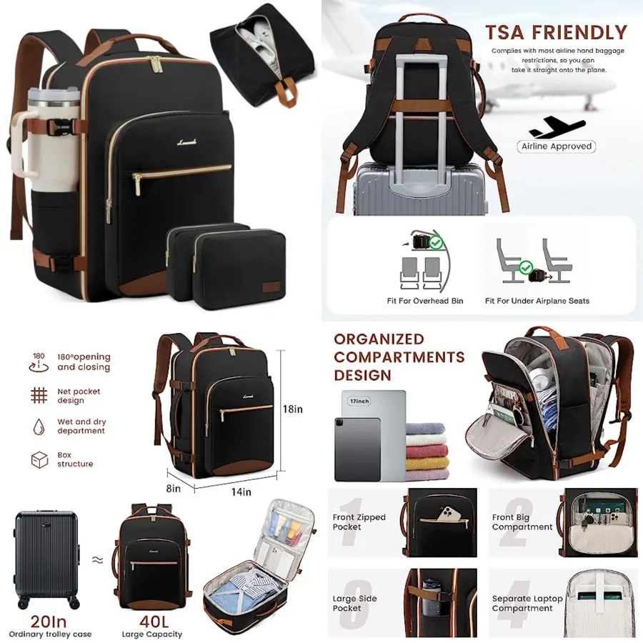 

40L Large Travel Backpack for Women Men, 17 Inch Carry on Backpack for Traveling on Airplane, Personal Item Bag Airline Approve