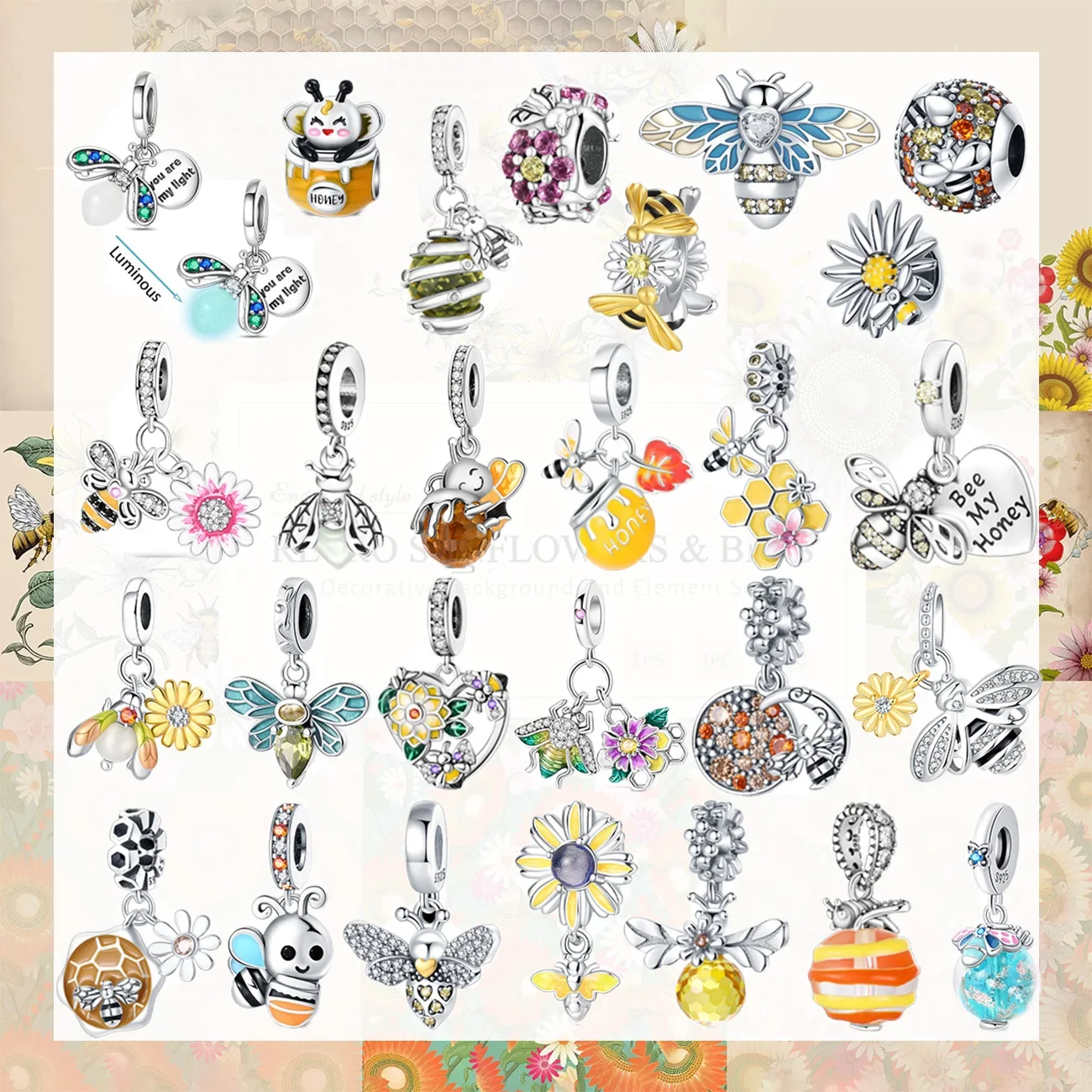 

925 sterling silver Bee honey jar flower zircon pendant charms fit original bracelet charm bead necklace Diy female jewelry
