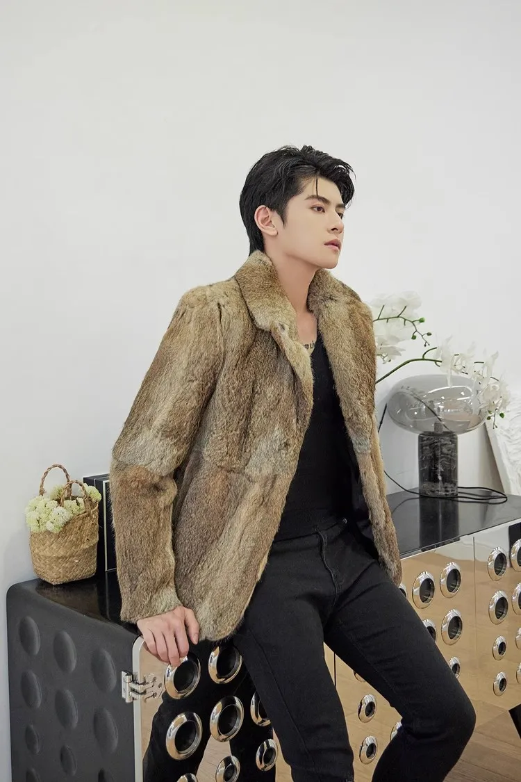 Real genunie natural rabbit fur coat men's English-collar fashion jacket warm winter custom any size