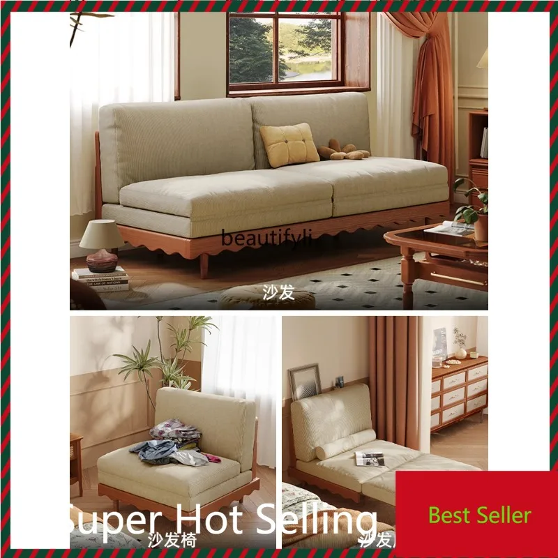 QQ132 French Solid Wood Folding Sofa Bed Dual-Use Living Room Dual-Use Cherrywood Sofa Bed