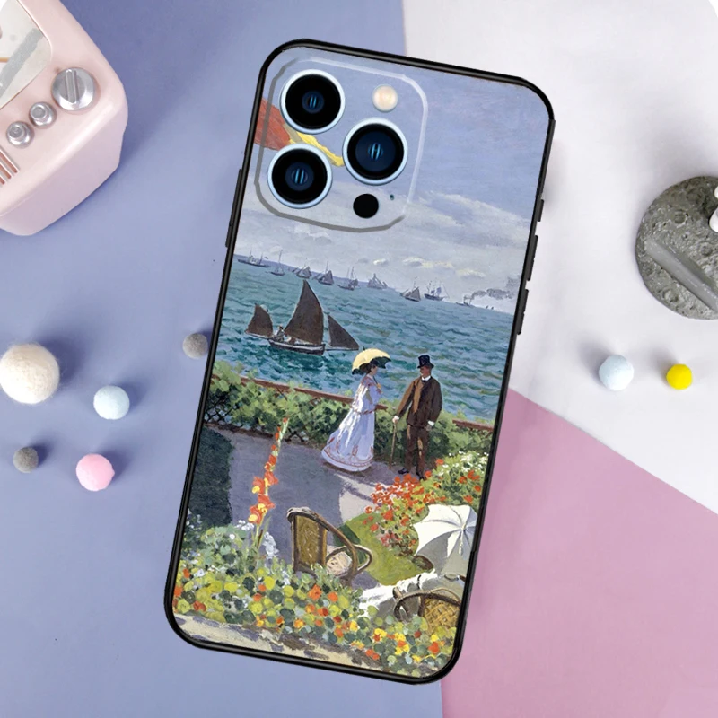 Claude Monet Garden Lotus Bridge Phone Case For iPhone 16 15 14 Pro Max 11 12 13 Mini XR X XS Max Plus Cover