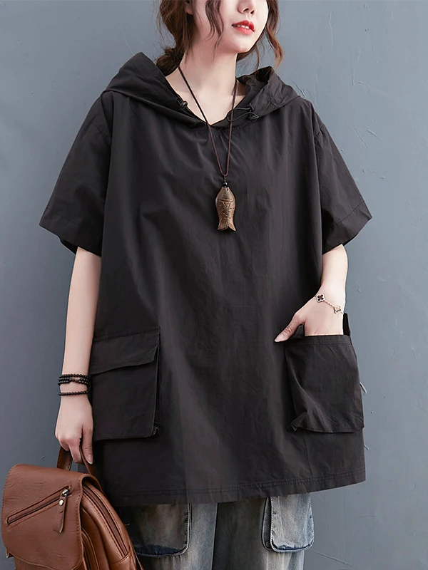 Summer New Loose Fit Hoodie Women's T-irt Patchwork ket Pure Color Hooded Casual Workwear Sweatirt Mid-Length Sve