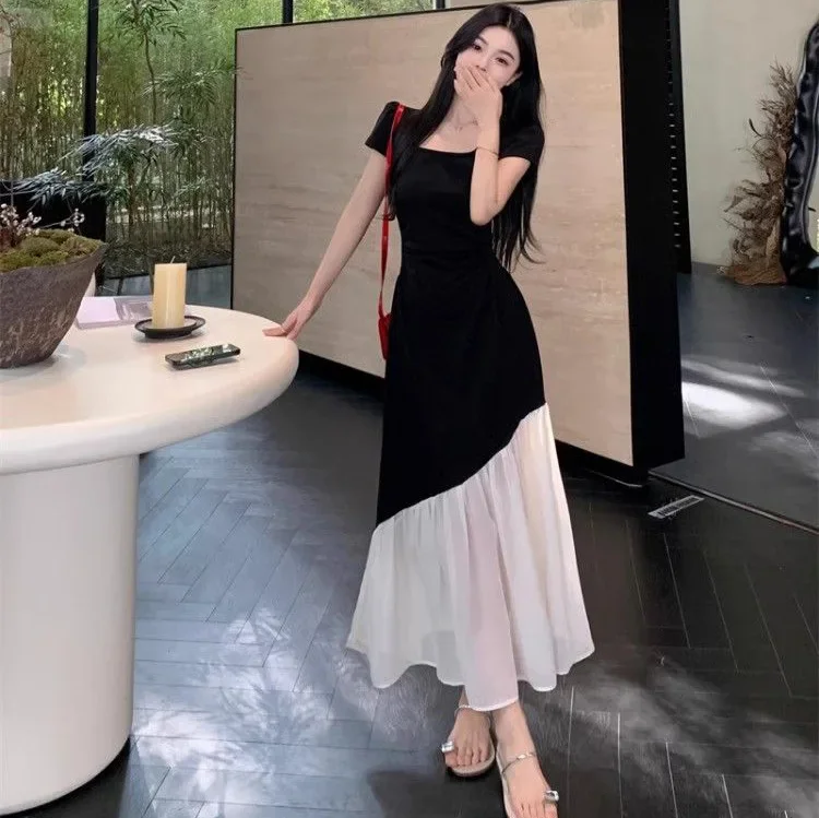 Plus Size French Style Short Sleeve Dress Women's Summer Slimming Waist Cinched Long Dress Micro plus Size Hepburn Contrast Colo