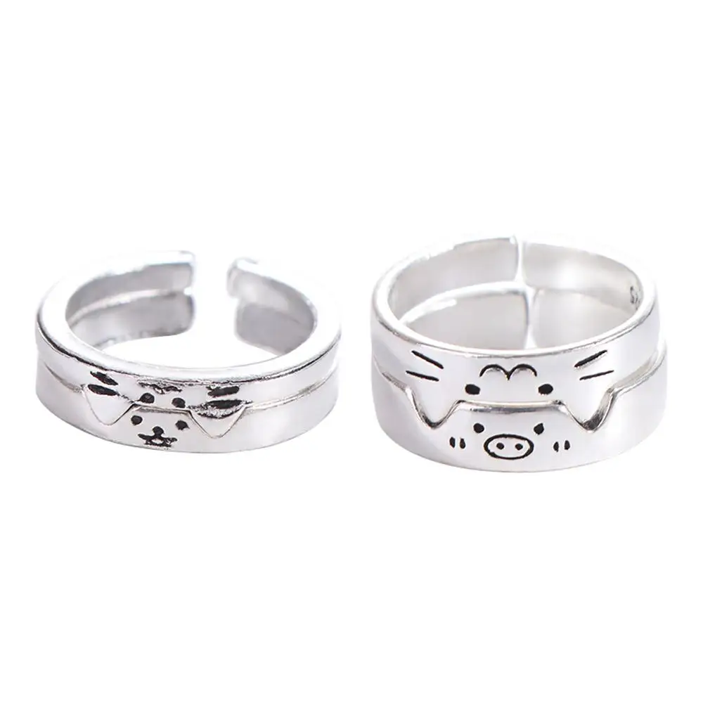 Geometric Animal Couple Ring Cute Dog Korean Style Cat Opening Ring Dull Polish Alloy Valentine's Day Gift Best Friends