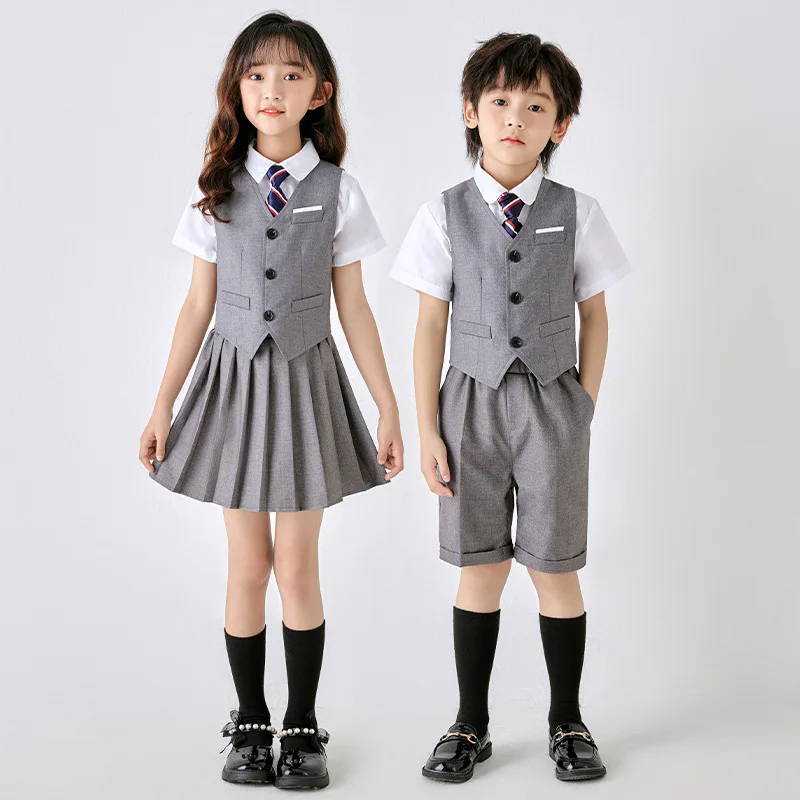 Children Summer School Uniforms Suit Set Boys Girls Host Party Performance Chorus Costume Kids Gray Vest Shorts Tie Clothes