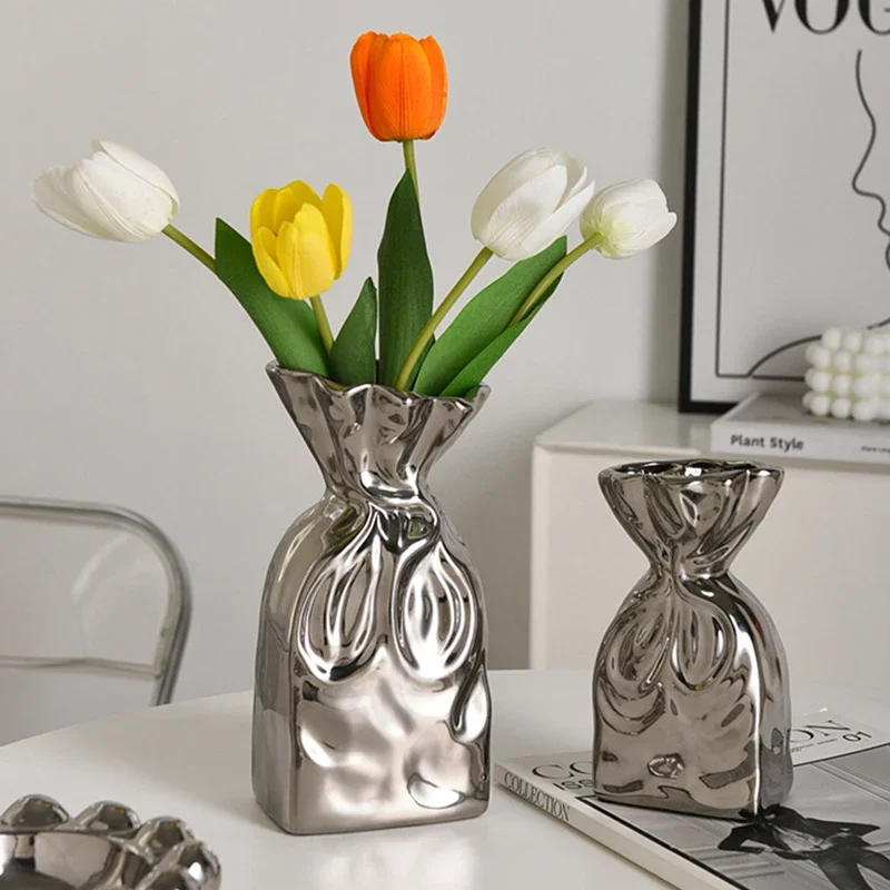 European Ceramic Silver Vase Pleated Bunched Mouth Hydroponic Flower Ware Living Room Dining Table Floral Vase Wedding Ornament