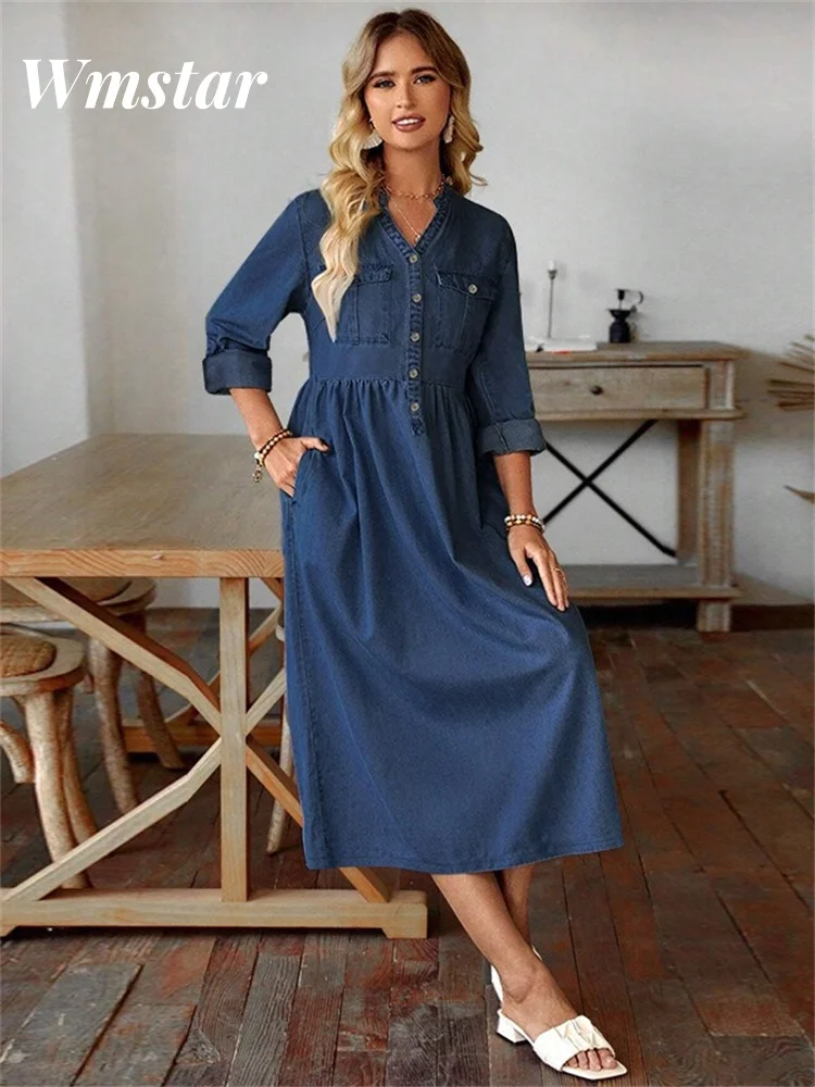 Wmstar Plus Size Denim Dresses for Women Clothes Button Solid Long Fashion Casual Elegant New Long Dress Wholesale Dropshipping