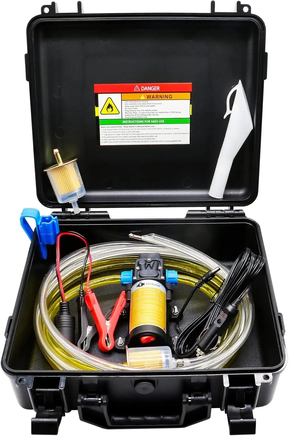 12V Fuel Transfer Pump Set, Moves 85 Gallons/Hour with Upgraded Case & Pipe for Vehicles, Boats, Equipment