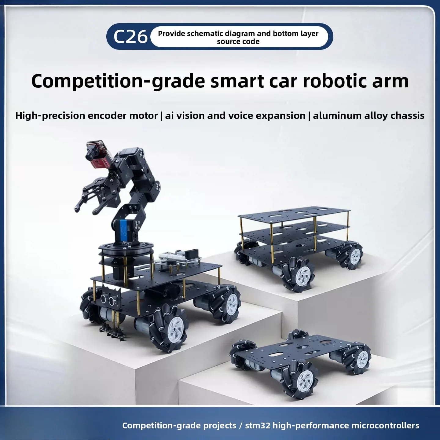 STM32 AI Vision Mecanum Wheel Robot Car with Robotic Arm – 4WD Programmable Chassis, OpenMV, for STEM Education & Coding