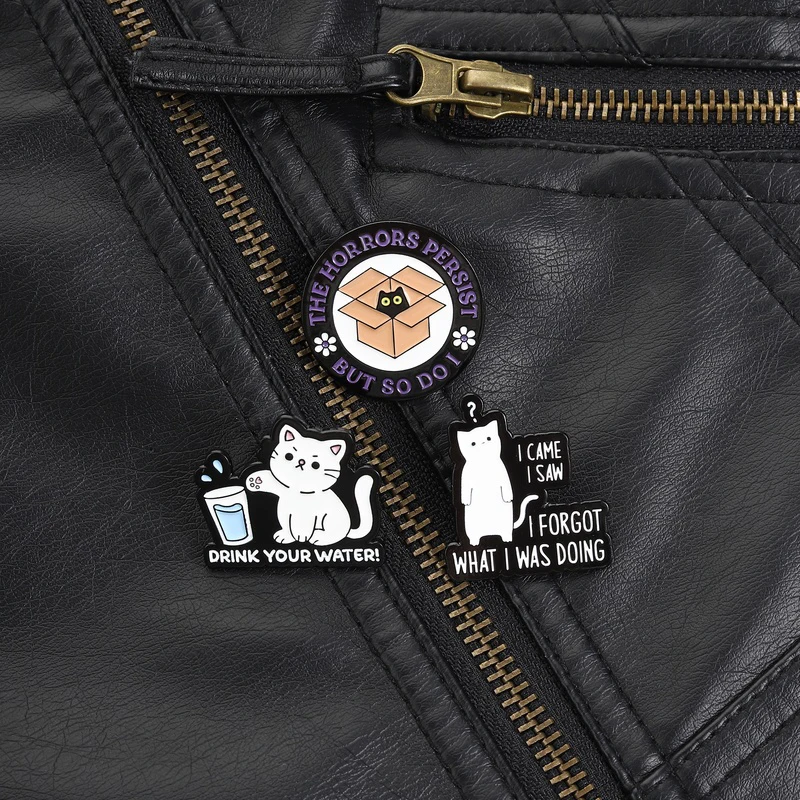 Épinglette 'J'ai venu, j'ai vu, j'ai oublié' avec motif humoristique pour étudiants distraits, accessoire streetwear décontracté, cadeau blague souvenir
