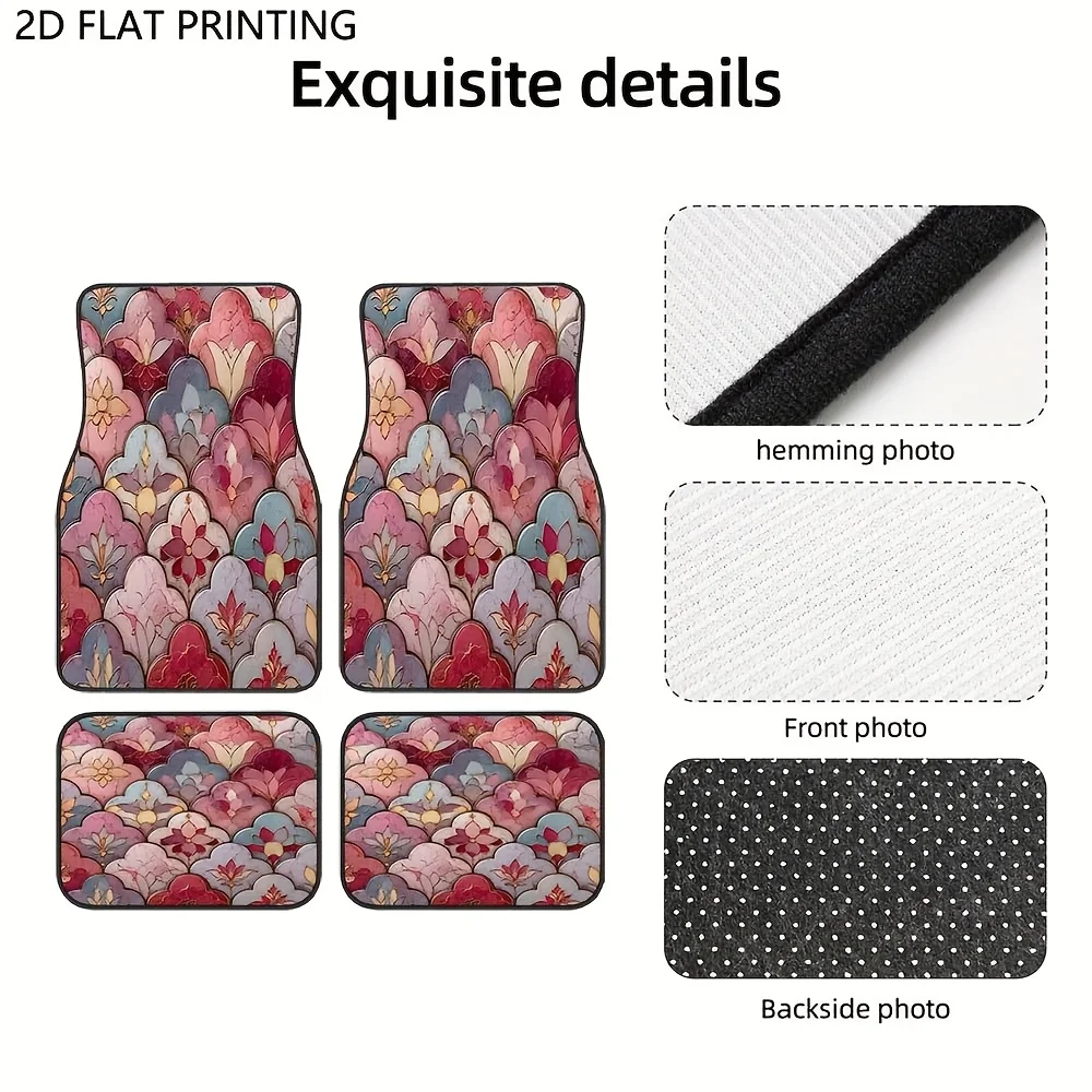 4pcs, Elegant Floral Pattern Car Floor Mats, Durable, NonSlip, Easy To Clean, Easy To Install, Suitable For Sedan, SUV, Truck, P