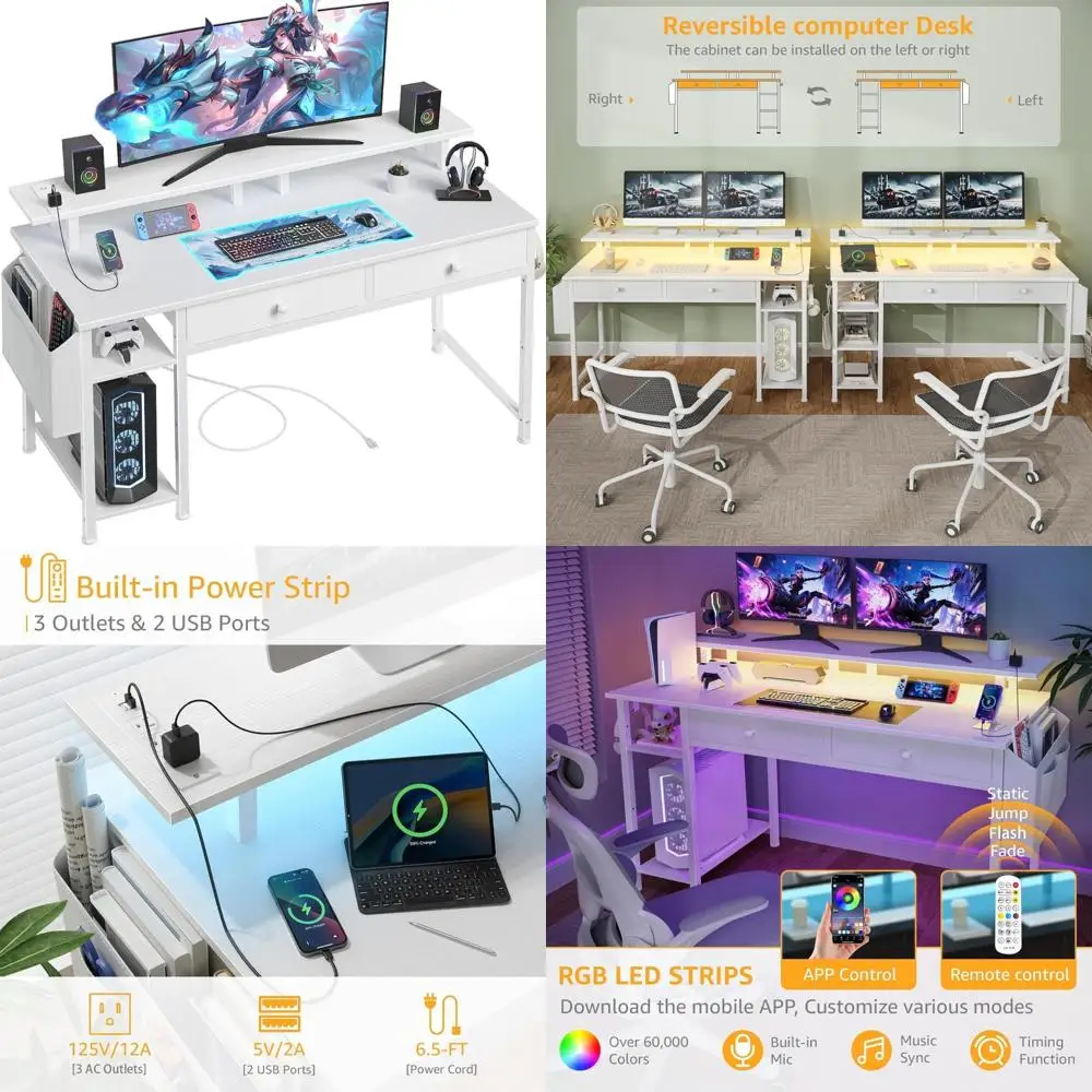 

47 Inch White Home Office Desk with Storage Shelves and Drawers