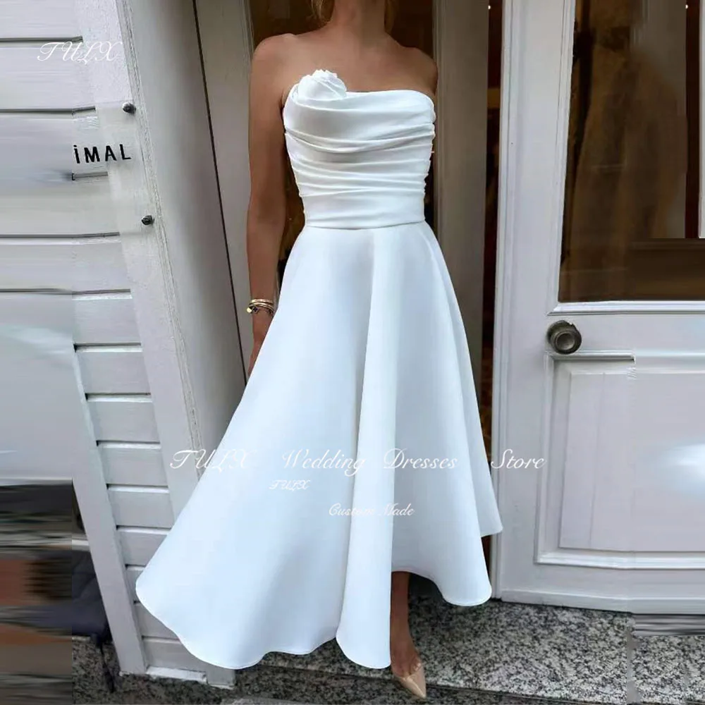 TULX Elegant Strapless Pleat Wedding Gowns Flower A Line Satin Ankle Length White Vestidos De Novia Brautmode Customised 2025