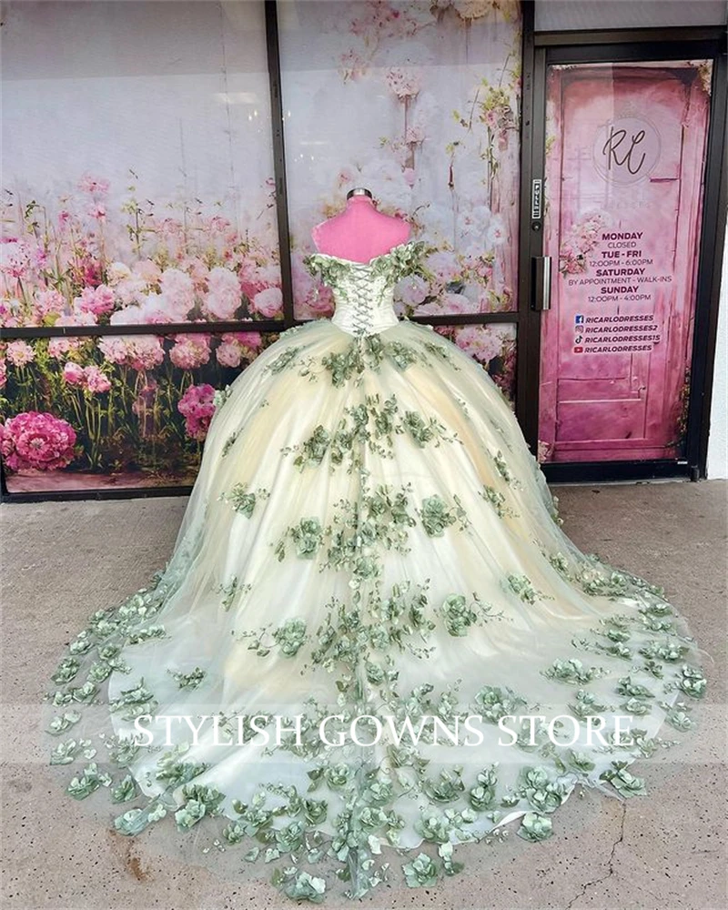 Light Green Off The Shoulder Ball Gown Quinceanera Dress For Girls Bead Birthday Party Gowns 3D Flowers Prom Dresses Customized